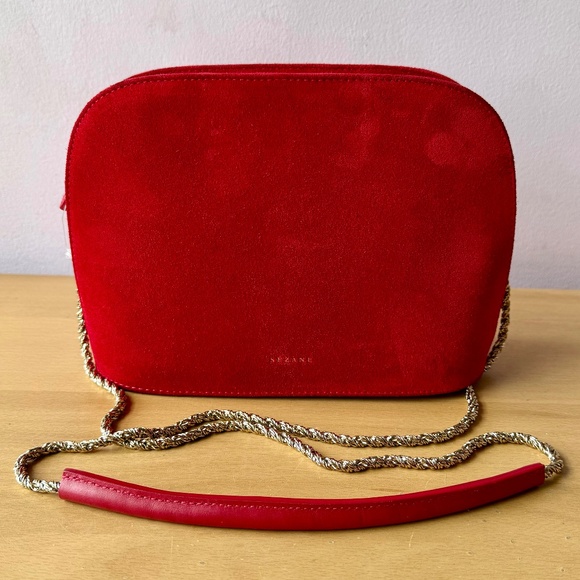 Cezane Handbags - SEZANE RED SUEDE ZIP TOP SHOULDER BAG GOLD COLR METAL CHAIN LEATHER STRAP UNUSED